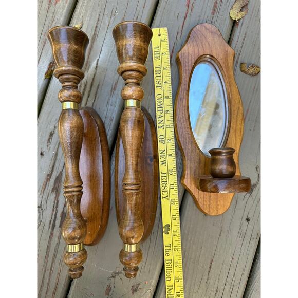 Vintage Mirrored Candle Sconces candleholders set of three wood wooden retro - Picture 14 of 16